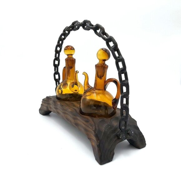 Alder Wood With Amber Glass  and Wrought Iron Handle Cruet Set- Oil & Vinegar - Picture 2 of 10